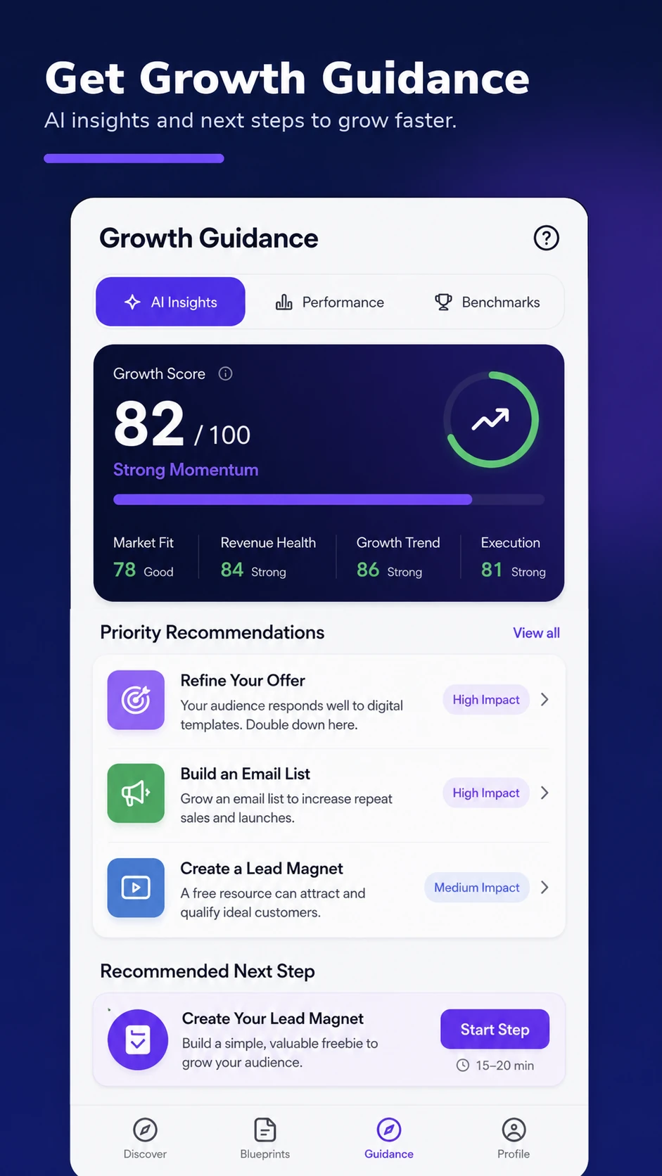 Get Growth Guidance screen showing business indicators and recommendations