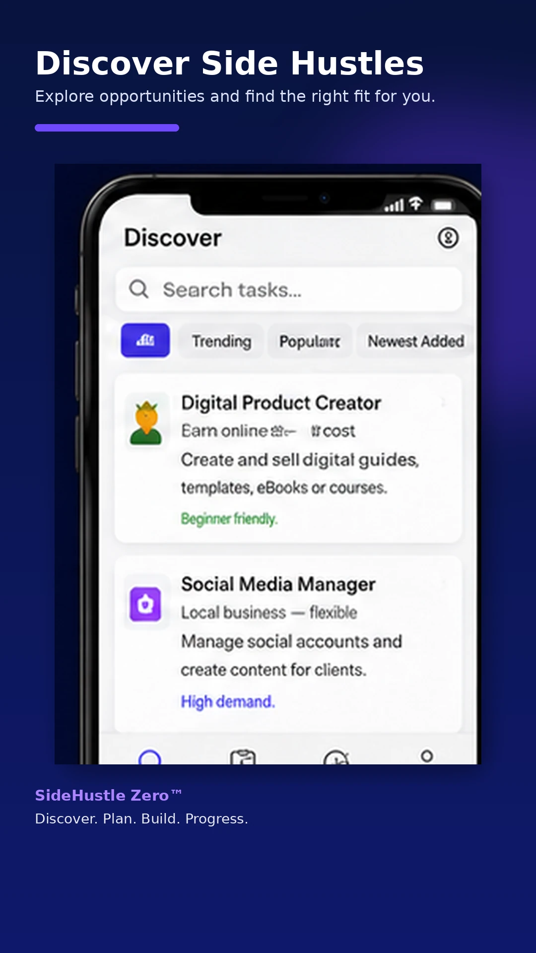 Discover Side Hustles screen listing business opportunities to explore