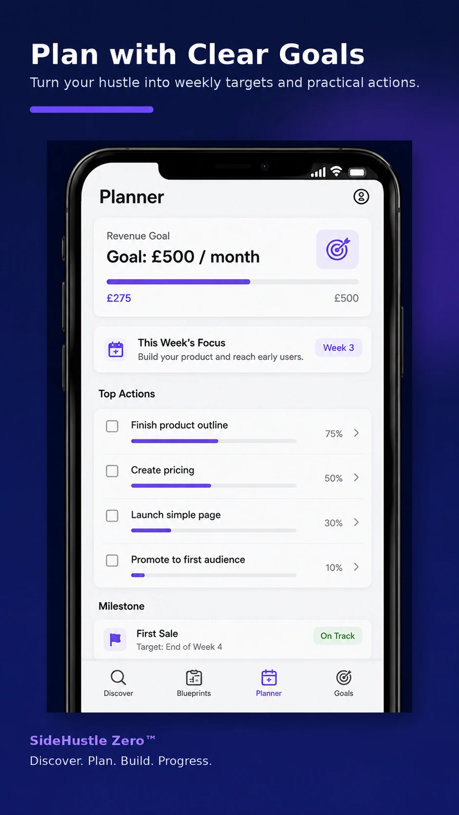 Plan with Clear Goals screen showing a business plan with goals and milestones